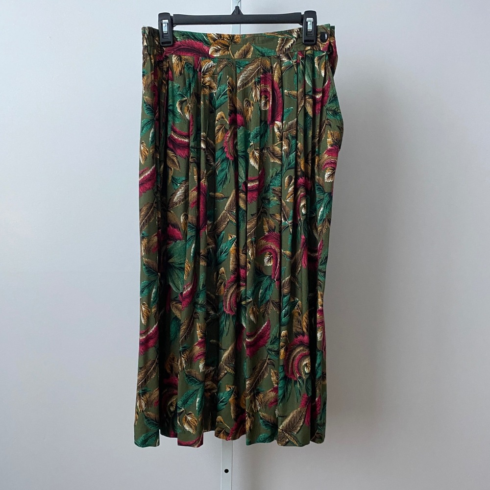 Michele Cotton Boho Lagenlook Tropical Leaf Print Pleated Midi Skirt 11/12 Green